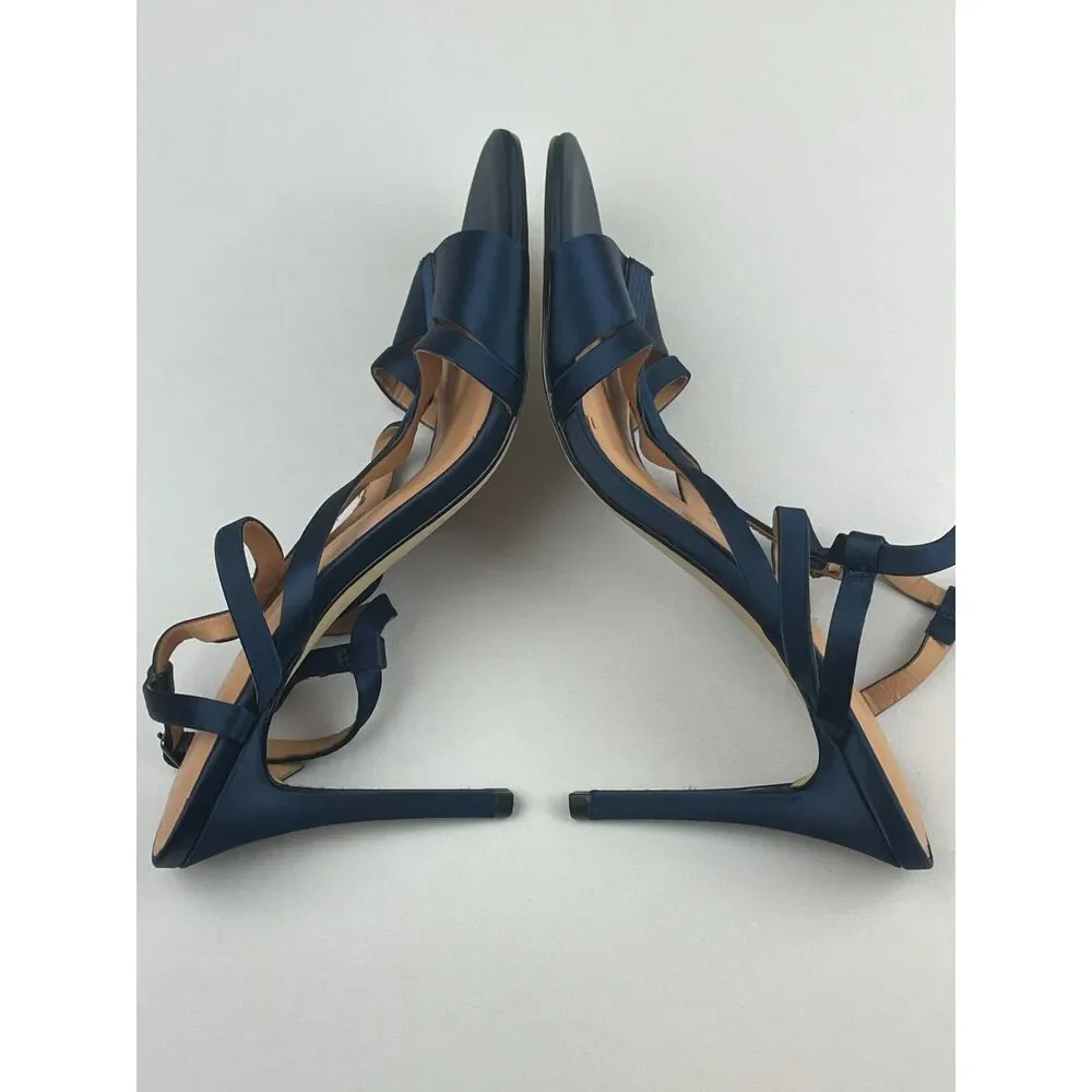 ~ NEW* 10 Halston Heritage Bette Strappy Stiletto Heels Blue Navy Satin Pumps* - Picture 6 of 16